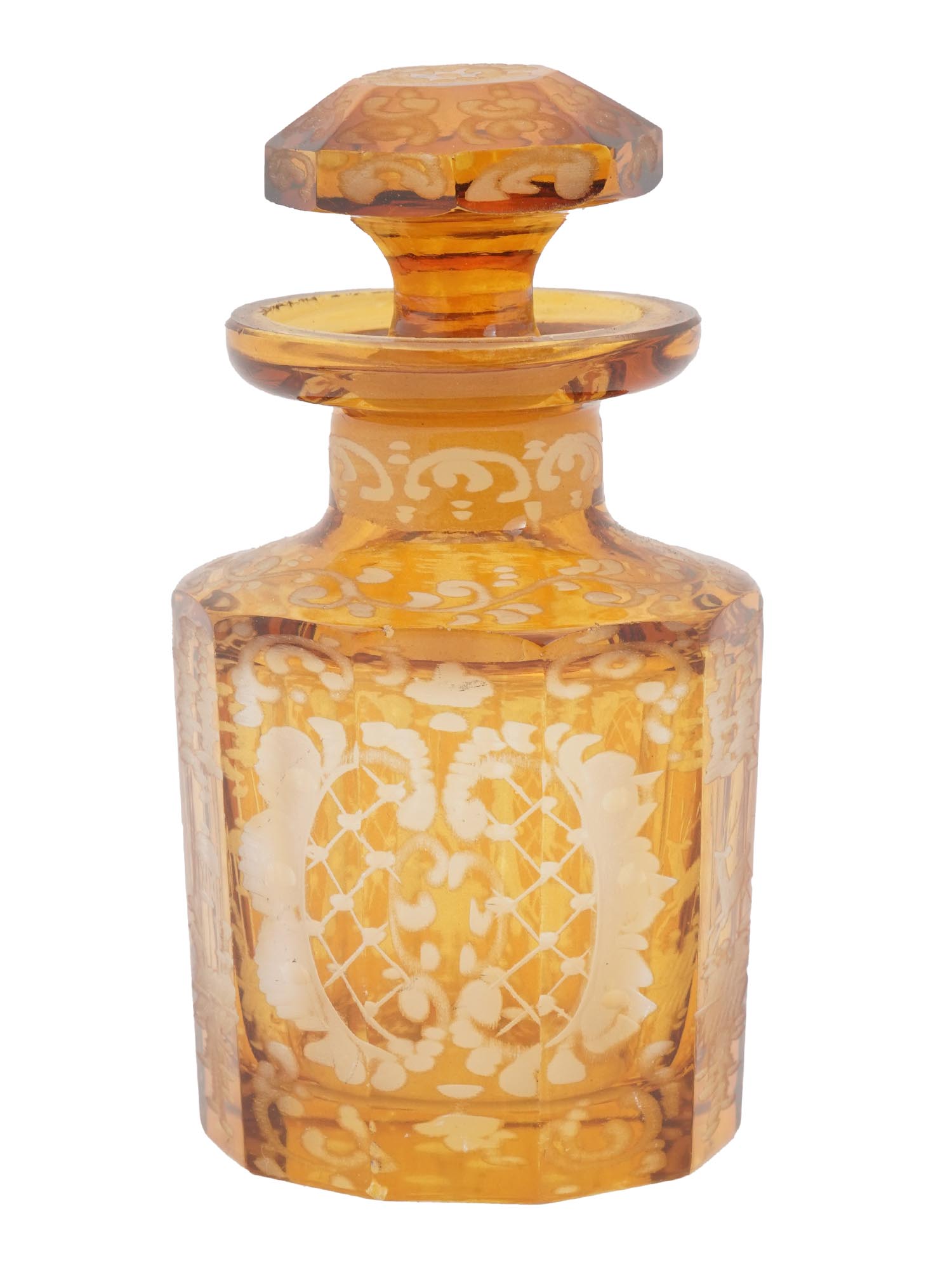 BOHEMIAN AMBER ETCHED GLASS BOTTLE WITH STOPPER PIC-3